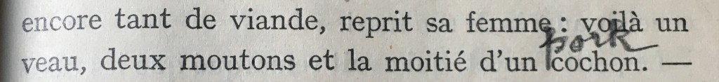 Printed text in French with the English translation for "cochon," "pork" over top