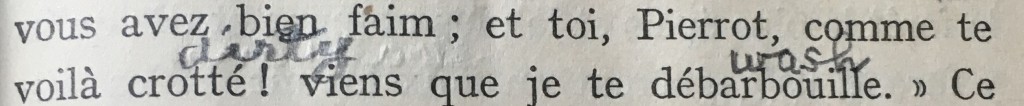 Printed text "crotté" in French with handwriting over it supplying the English "dirty"